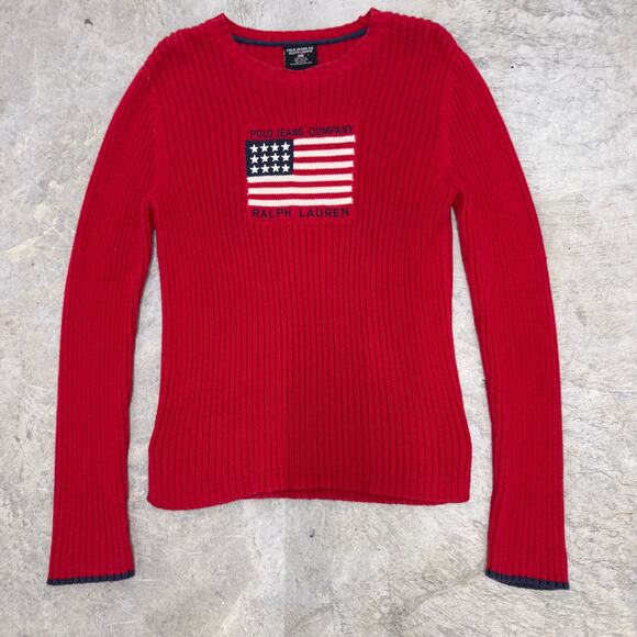Polo Jeans Company Ralph Lauren USA Flag Ribbed Knit Sweater Size L Made in FIji - Picture 1 of 7